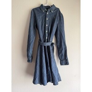 Polo Ralph Lauren Shirtdress Girls 14 Blue Indigo Denim Cotton Belted Flare Pony